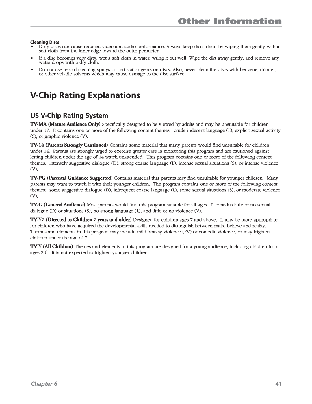 RCA L26WD26D warranty V-Chip Rating Explanations, US V-Chip Rating System, Other Information, Chapter 