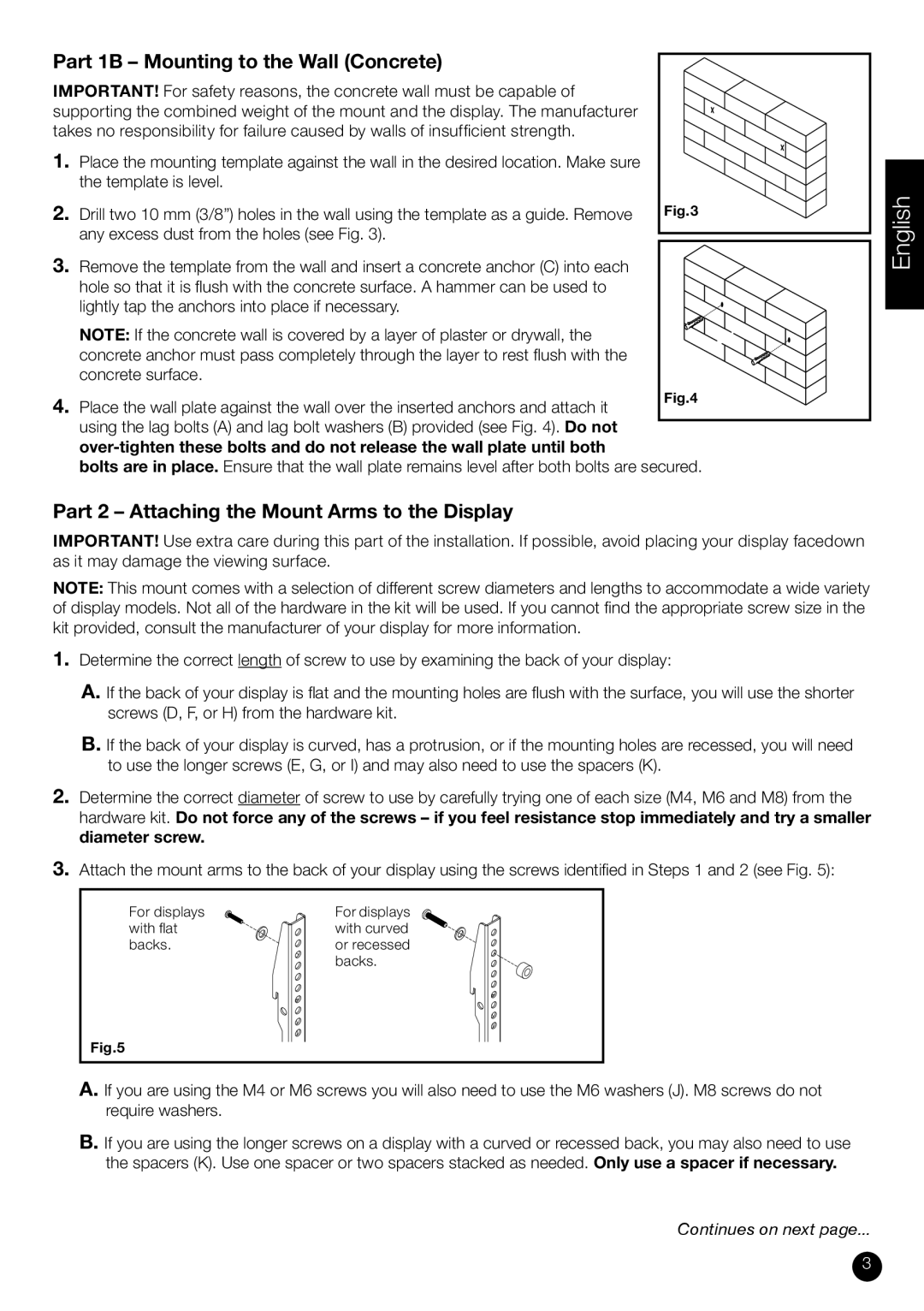 RCA L3239E specifications Part 1B Mounting to the Wall Concrete, Part 2 Attaching the Mount Arms to the Display 