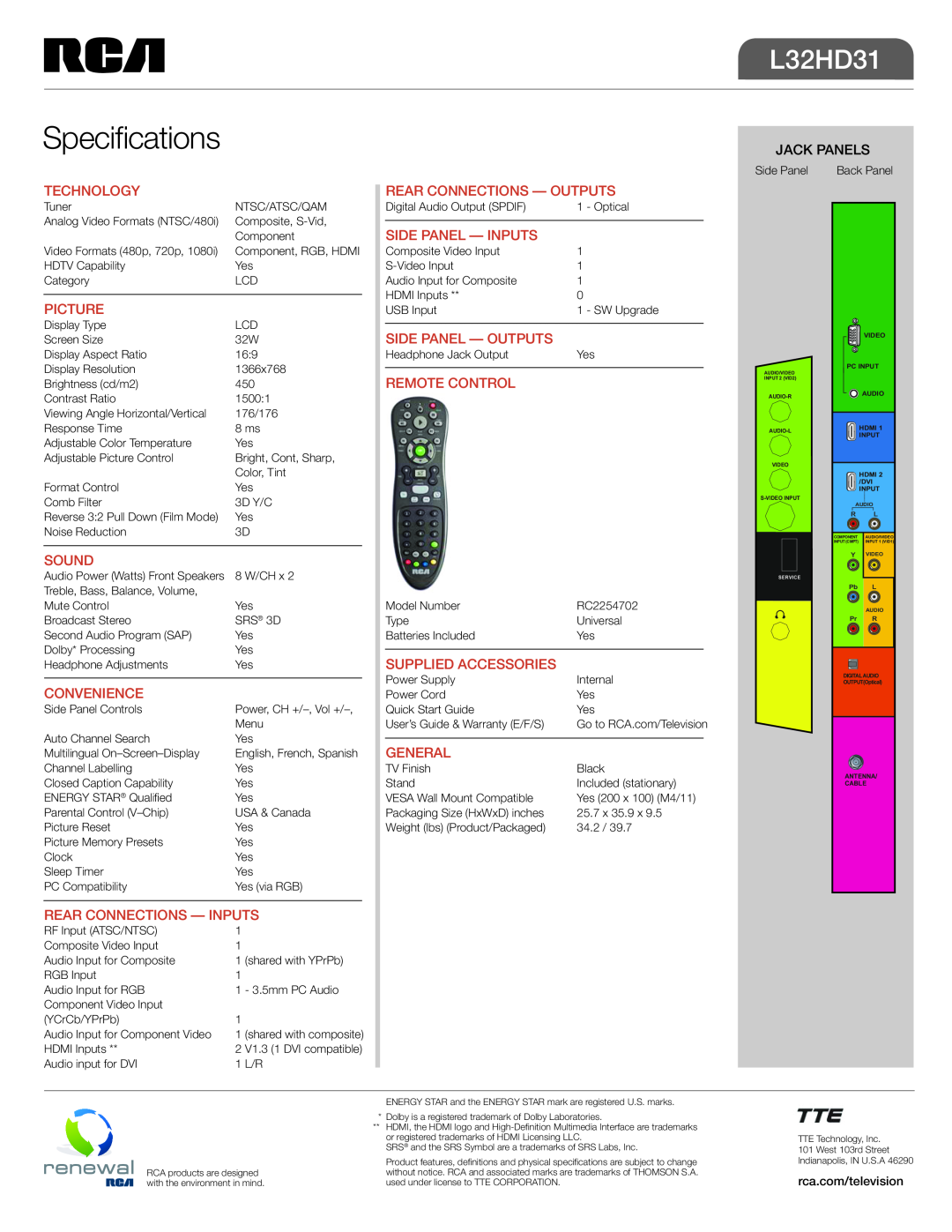 RCA L32HD31 manual Specifications 