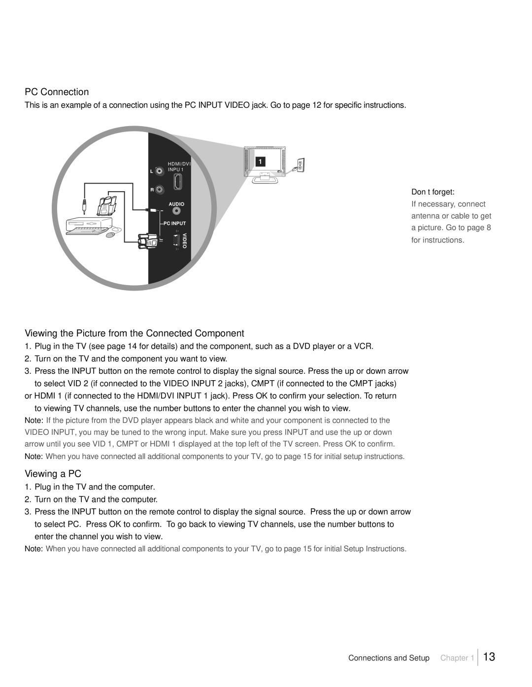 RCA L32HD41, L32HD31R warranty PC Connection, Viewing the Picture from the Connected Component, Viewing a PC 