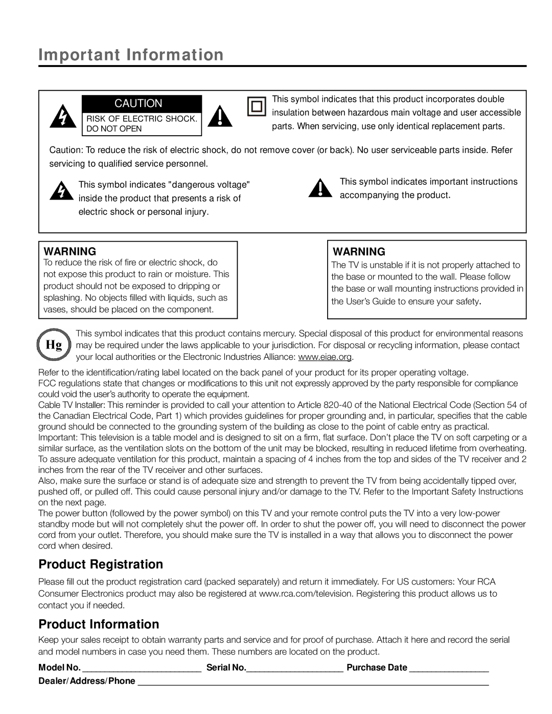 RCA L32HD31R, L32HD41 warranty Important Information 