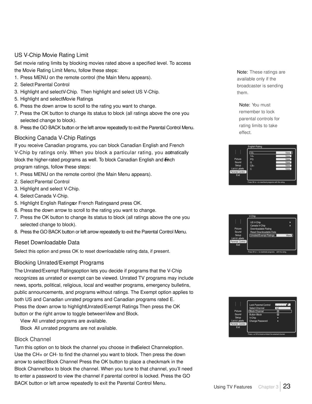 RCA L32HD41, L32HD31R warranty US V-Chip Movie Rating Limit, Blocking Canada V-Chip Ratings, Reset Downloadable Data 