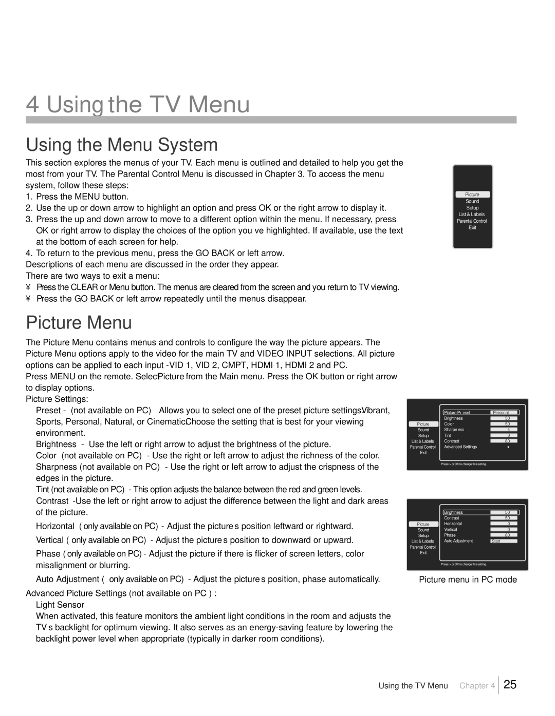 RCA L32HD41, L32HD31R warranty Using the Menu System, Picture Menu 