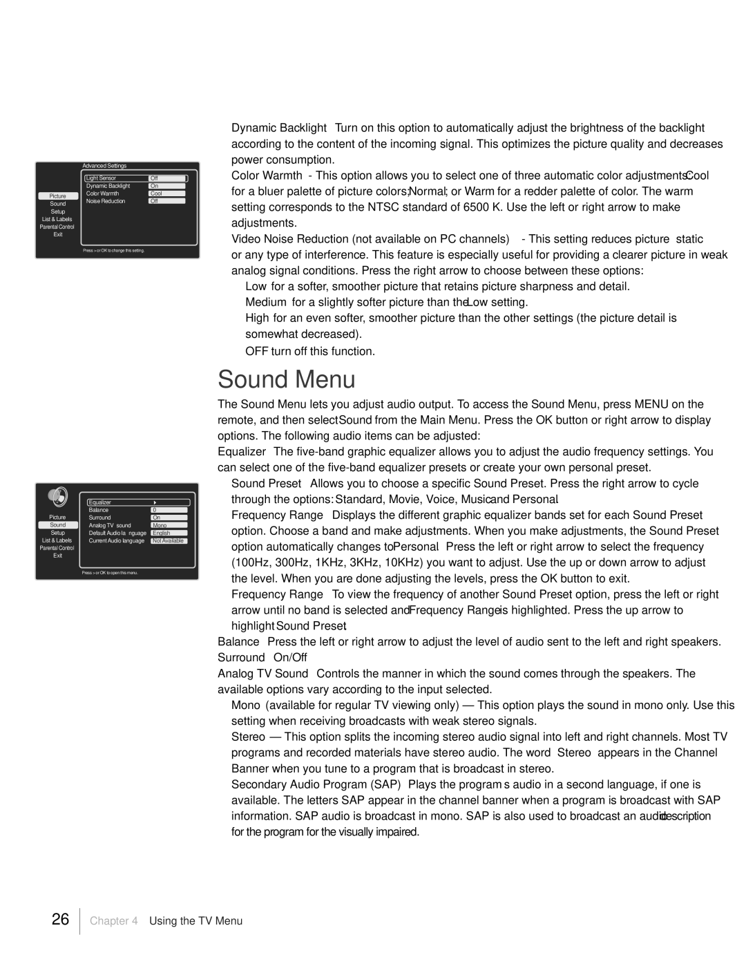 RCA L32HD31R, L32HD41 warranty Sound Menu, English 