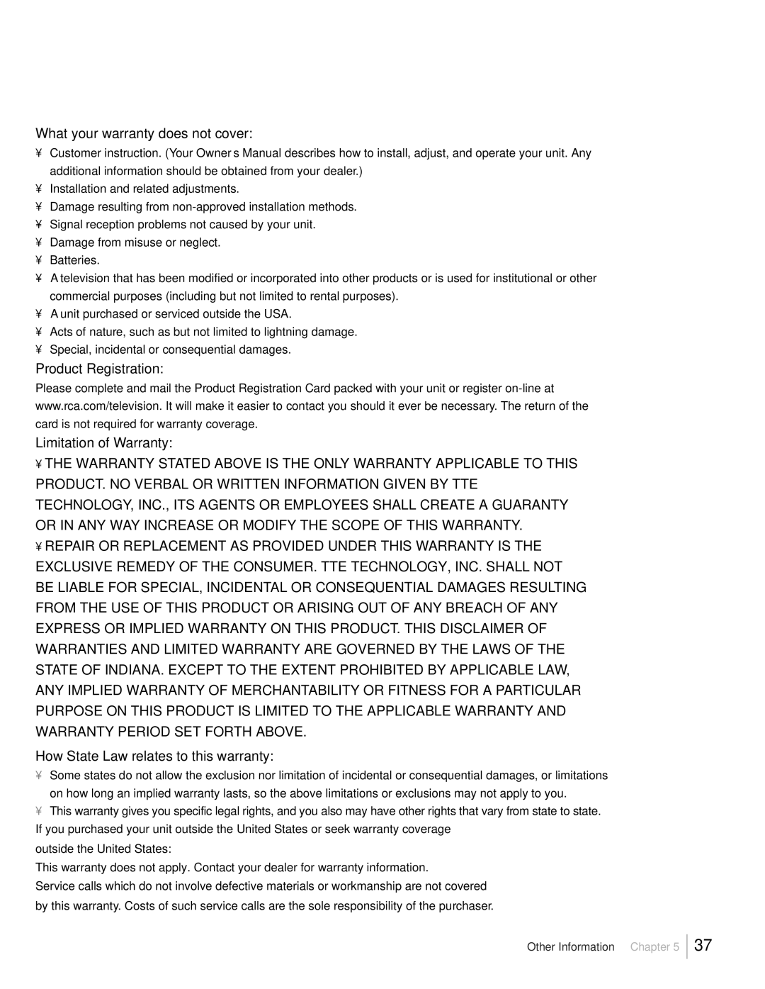 RCA L32HD41, L32HD31R What your warranty does not cover, Product Registration Limitation of Warranty 