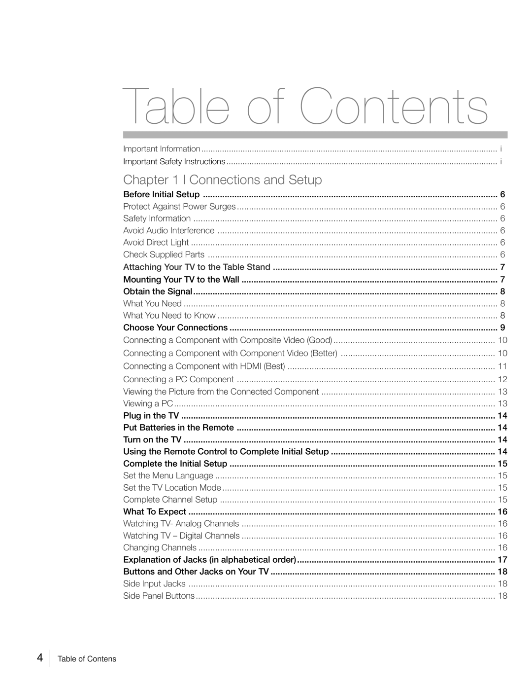 RCA L32HD31R, L32HD41 warranty Table of Contents 