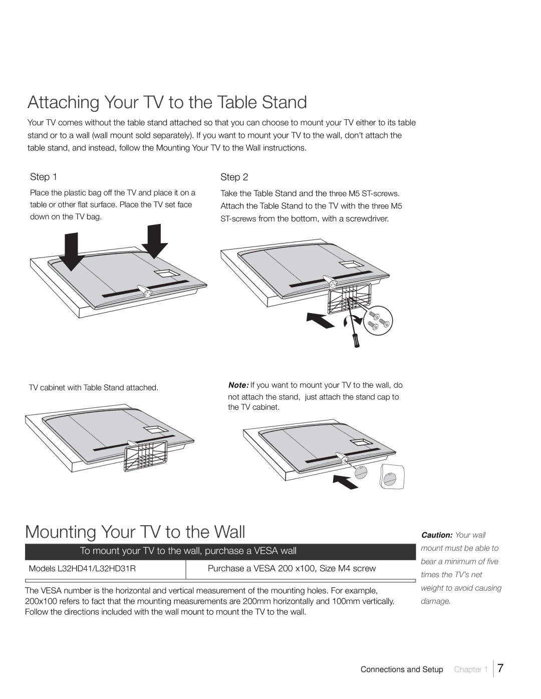 RCA L32HD41, L32HD31R warranty Attaching Your TV to the Table Stand, Mounting Your TV to the Wall, Step 