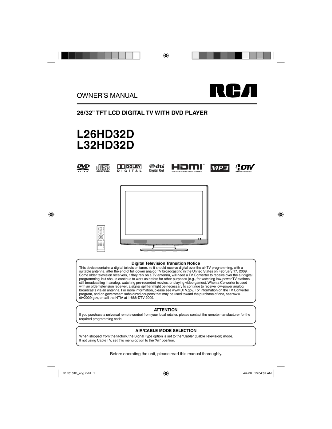 RCA owner manual L26HD32D L32HD32D, Digital Television Transition Notice 