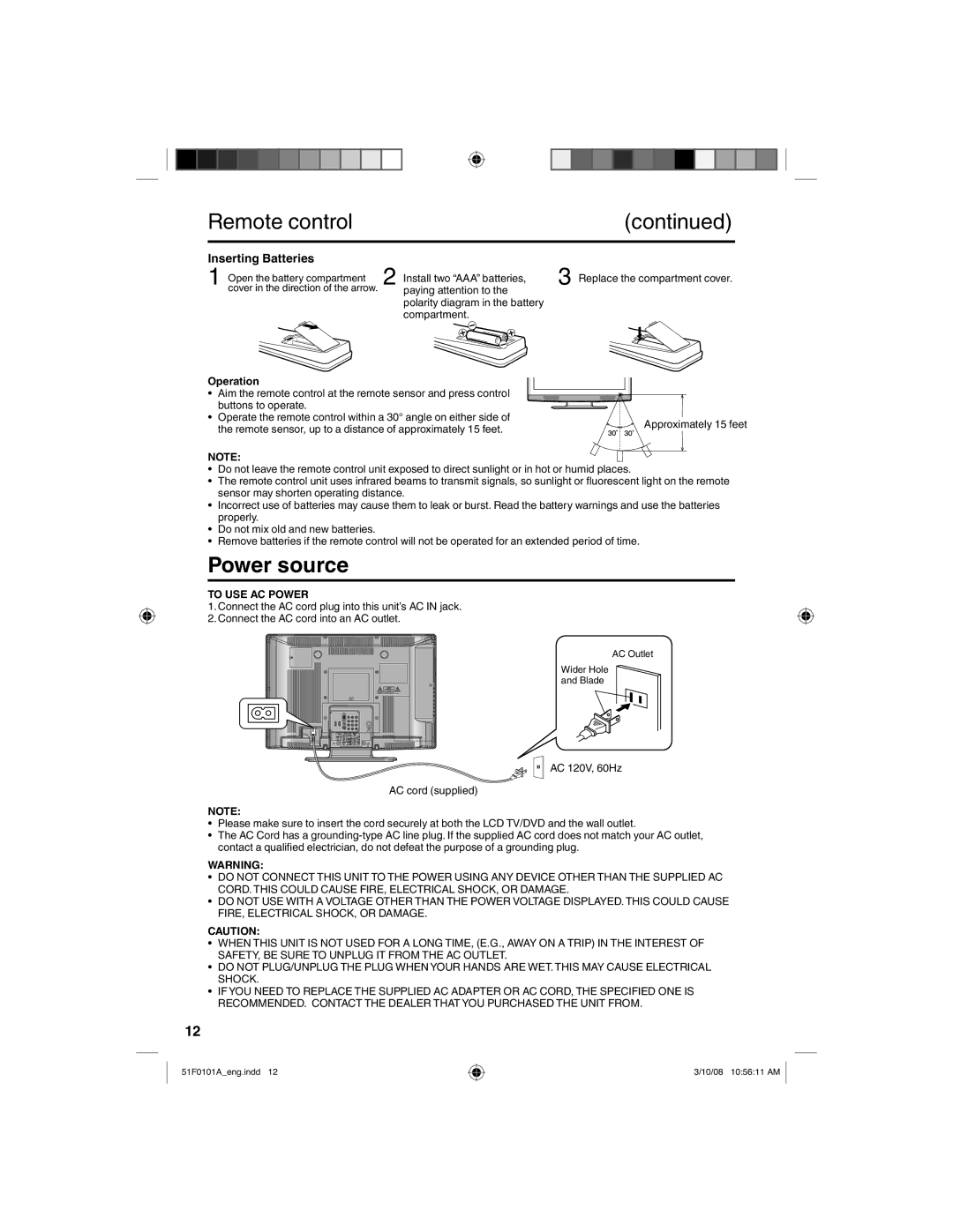 RCA L32HD32D Power source, Inserting Batteries, Open the battery compartment Install two AAA batteries, Operation 