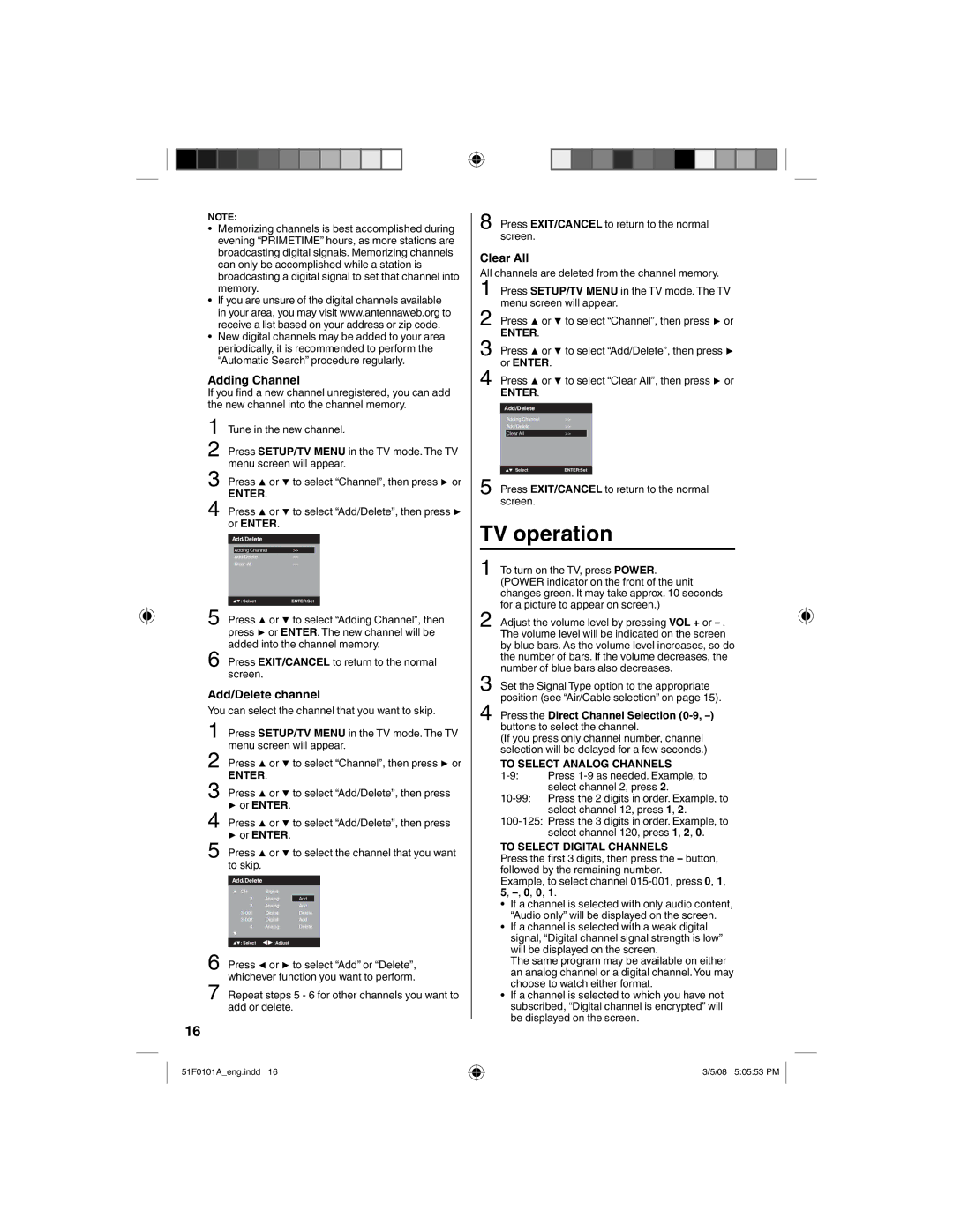 RCA L32HD32D, L26HD32D owner manual TV operation, Adding Channel, Add/Delete channel, Clear All 