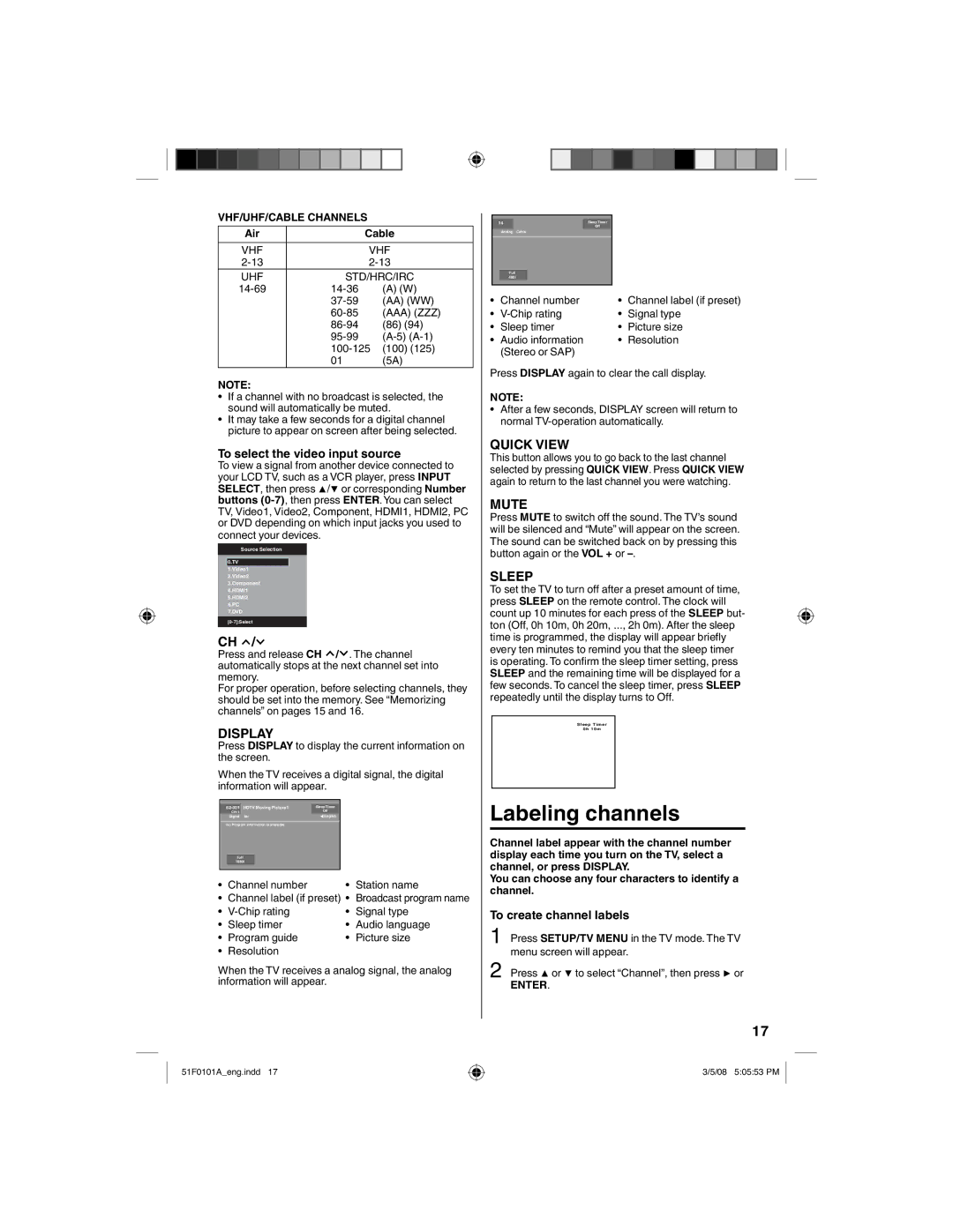 RCA L26HD32D Labeling channels, To select the video input source, To create channel labels, VHF/UHF/CABLE Channels 