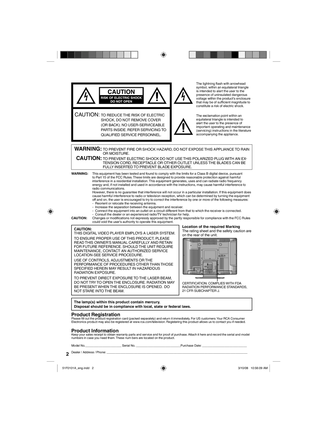 RCA L32HD32D, L26HD32D owner manual Qualified Service Personnel, Location of the required Marking 