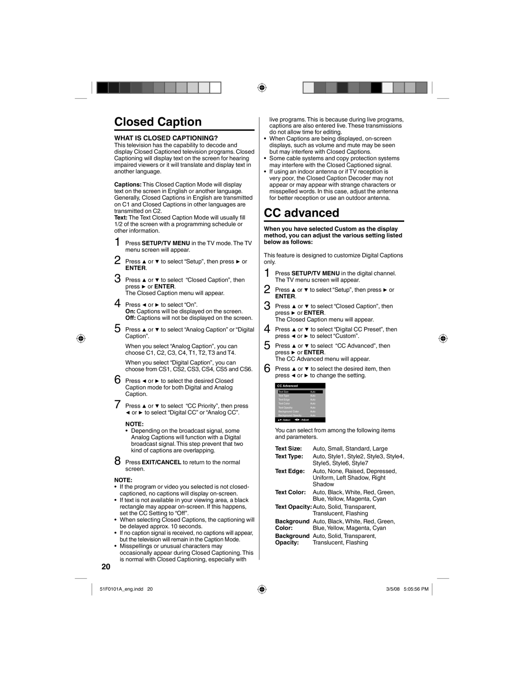 RCA L32HD32D, L26HD32D owner manual Closed Caption, CC advanced 