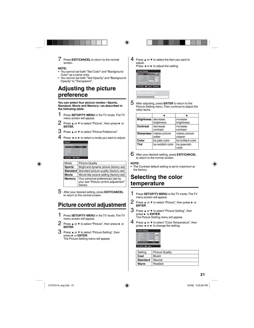 RCA L26HD32D, L32HD32D Adjusting the picture preference, Picture control adjustment, Selecting the color temperature 