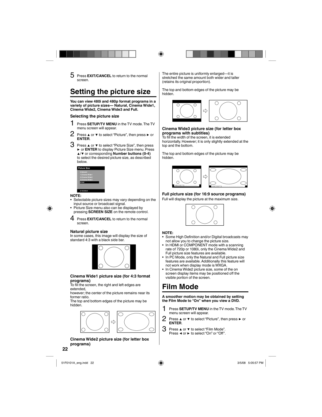 RCA L32HD32D, L26HD32D owner manual Setting the picture size, Film Mode 