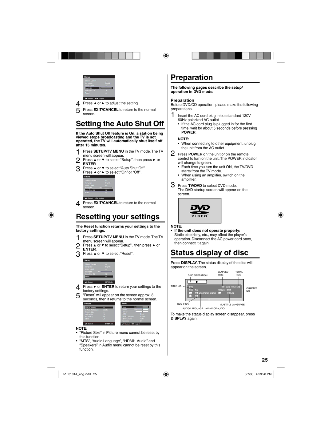 RCA L26HD32D, L32HD32D owner manual Setting the Auto Shut Off, Resetting your settings, Preparation, Status display of disc 