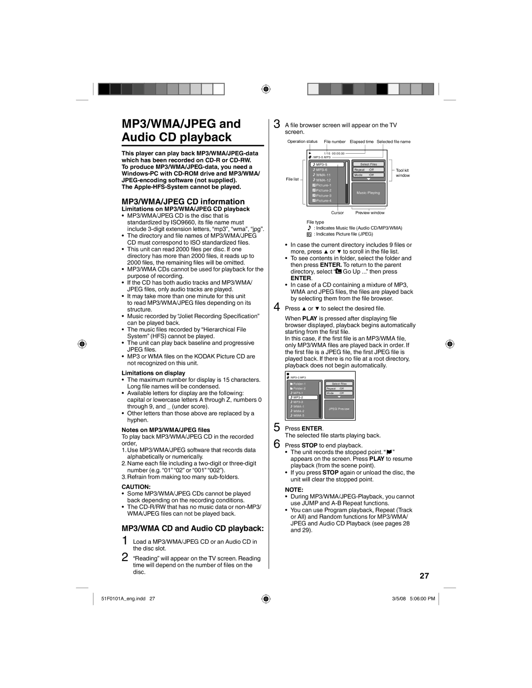 RCA L26HD32D, L32HD32D MP3/WMA/JPEG and Audio CD playback, Apple-HFS-System cannot be played, Limitations on display 