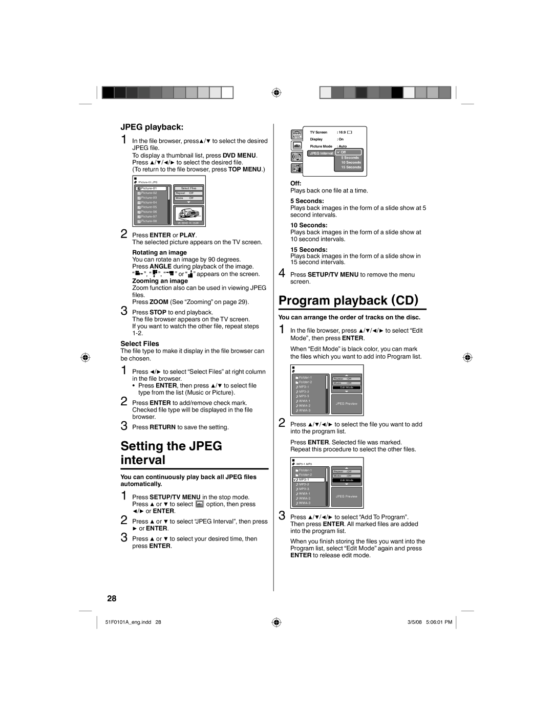 RCA L32HD32D, L26HD32D owner manual Setting the Jpeg interval, Program playback CD, Select Files 