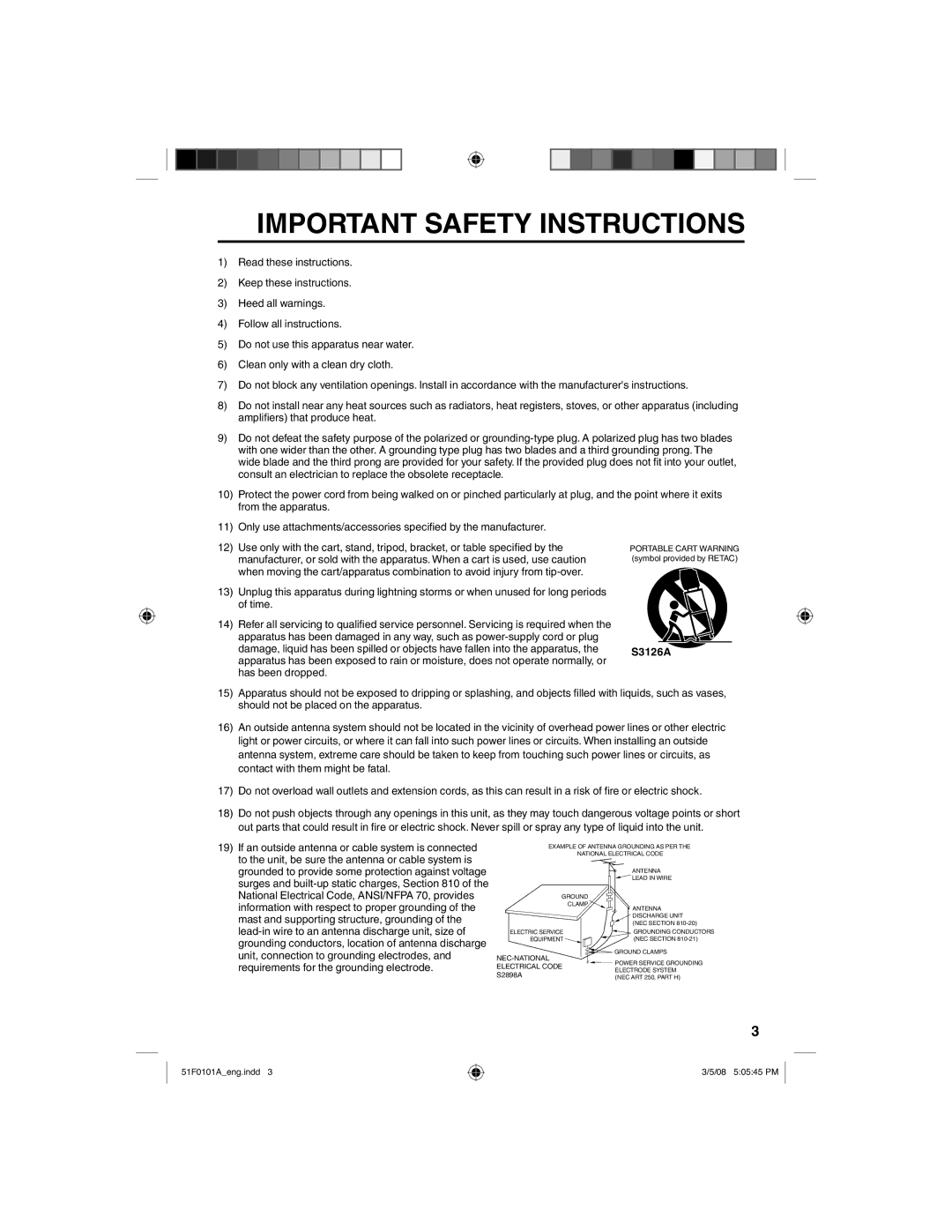 RCA L26HD32D, L32HD32D owner manual Important Safety Instructions, S3126A 