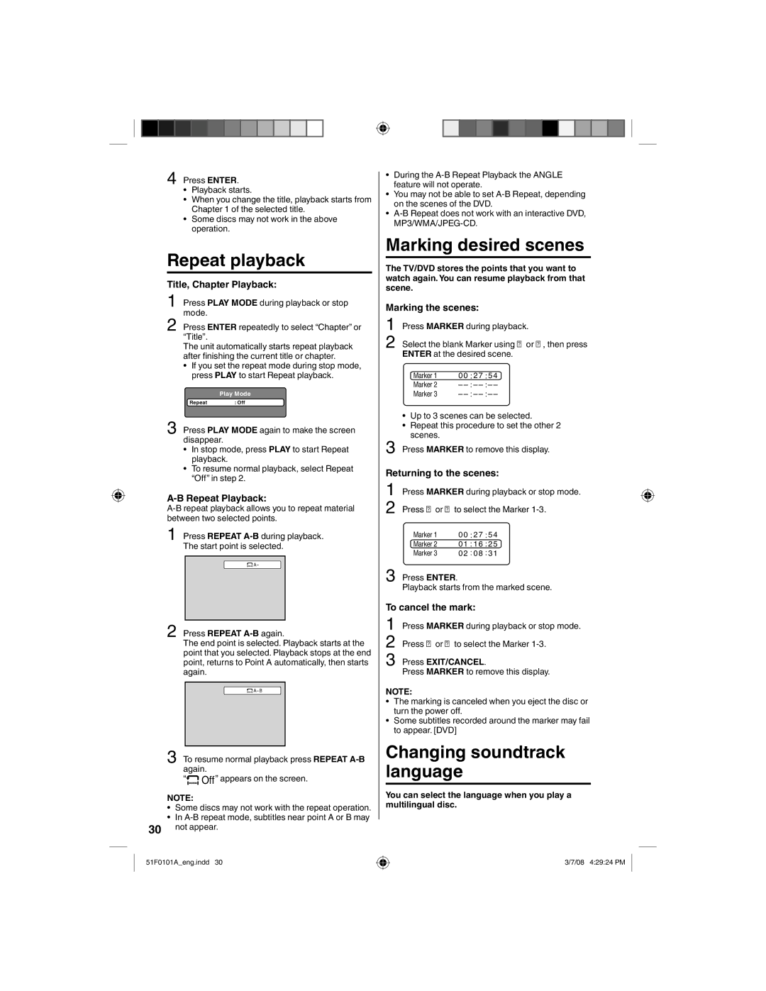 RCA L32HD32D, L26HD32D owner manual Repeat playback, Marking desired scenes, Changing soundtrack language 