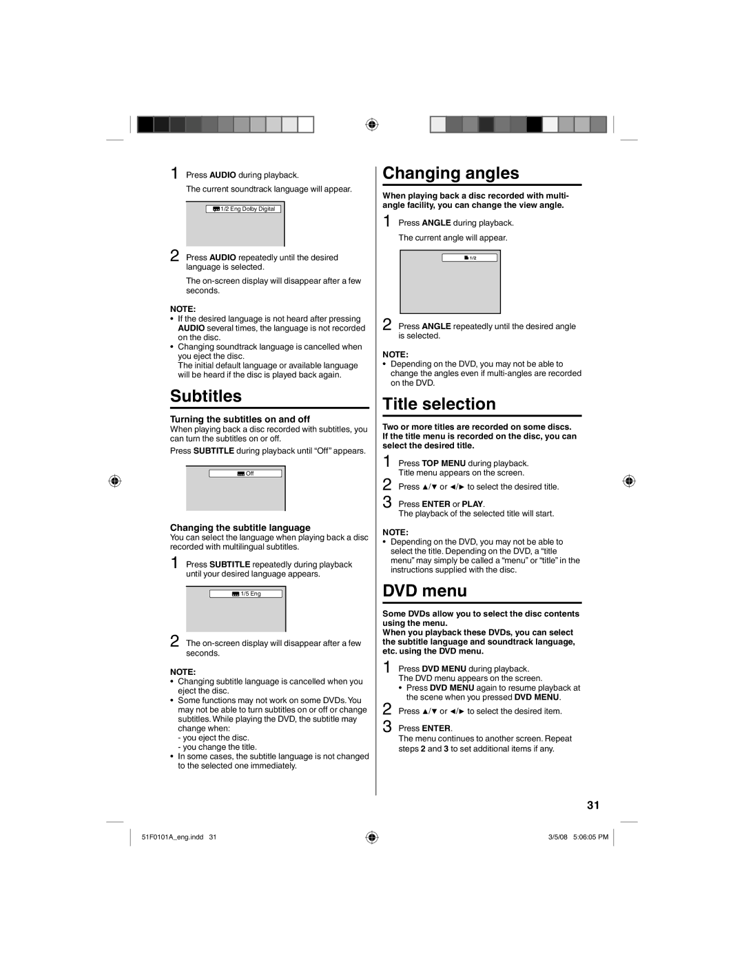 RCA L26HD32D, L32HD32D owner manual Subtitles, Changing angles, Title selection, DVD menu 