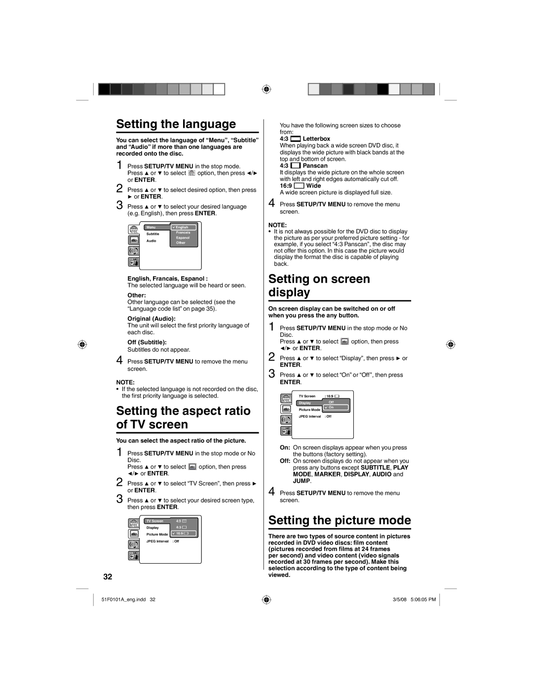 RCA L32HD32D, L26HD32D owner manual Setting the language, Setting the aspect ratio of TV screen, Setting on screen display 