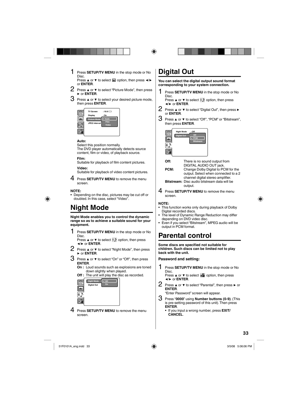 RCA L26HD32D, L32HD32D owner manual Night Mode, Digital Out, Parental control, Password and setting 