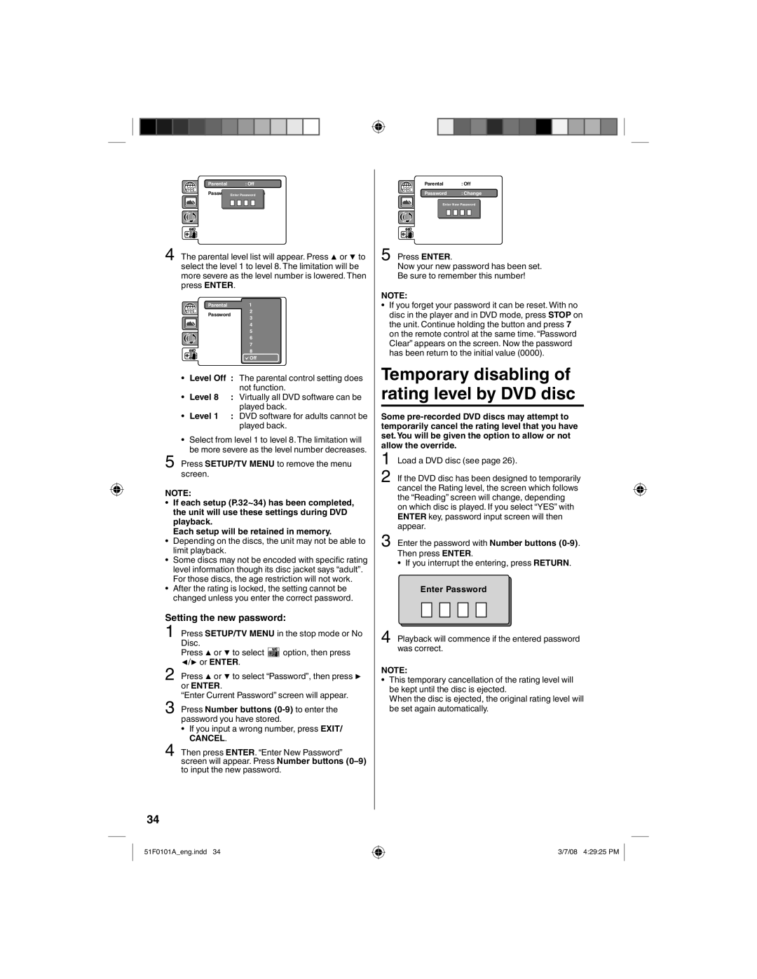 RCA L32HD32D, L26HD32D Temporary disabling of rating level by DVD disc, Setting the new password, Enter Password 