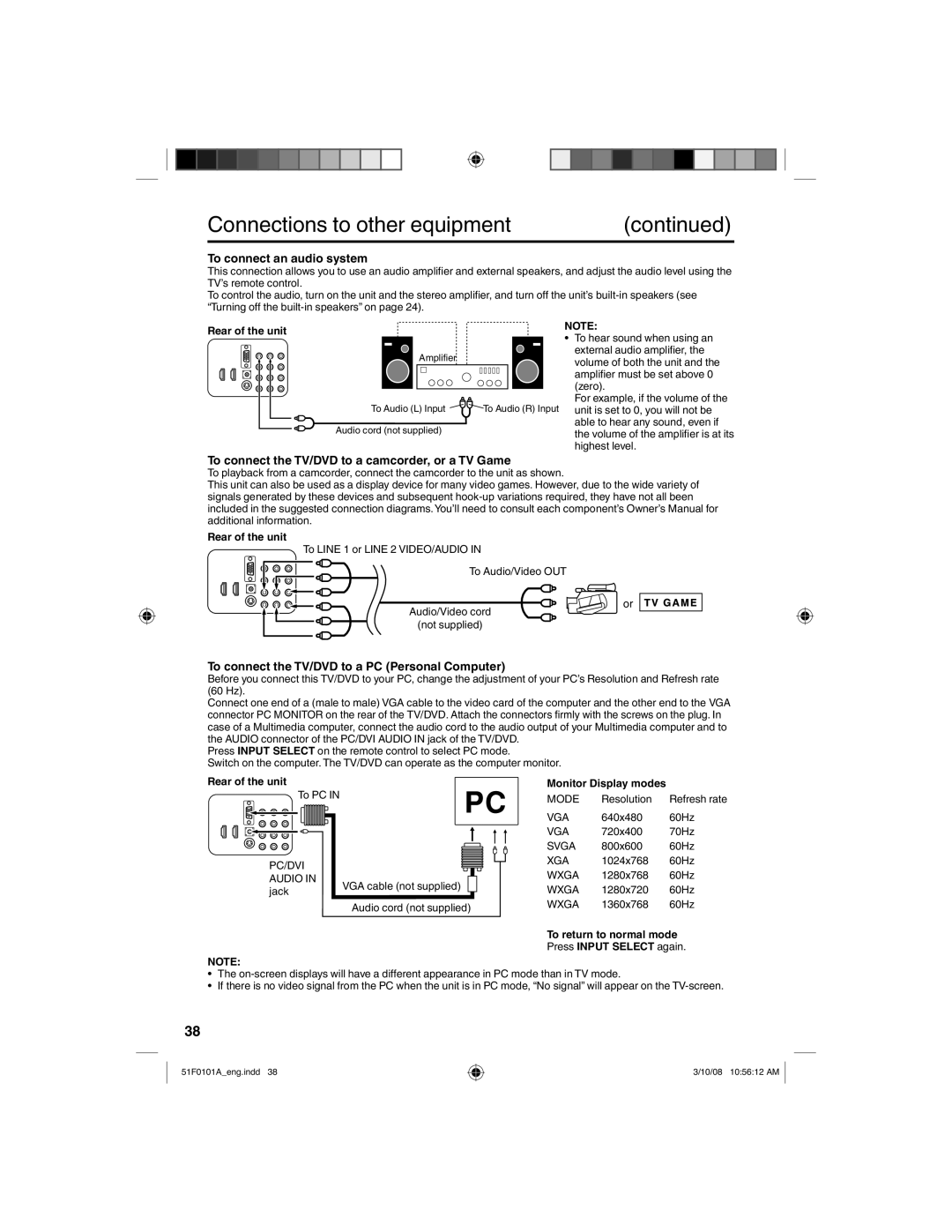 RCA L32HD32D To connect an audio system, To connect the TV/DVD to a camcorder, or a TV Game, Monitor Display modes 