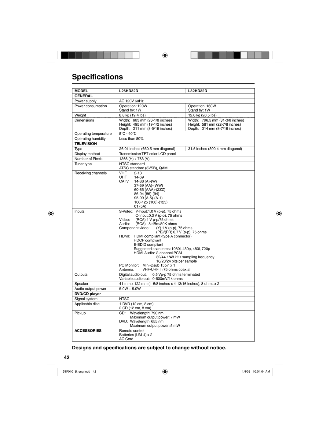 RCA L32HD32D, L26HD32D owner manual Specifications, Model, General, Television, Accessories 