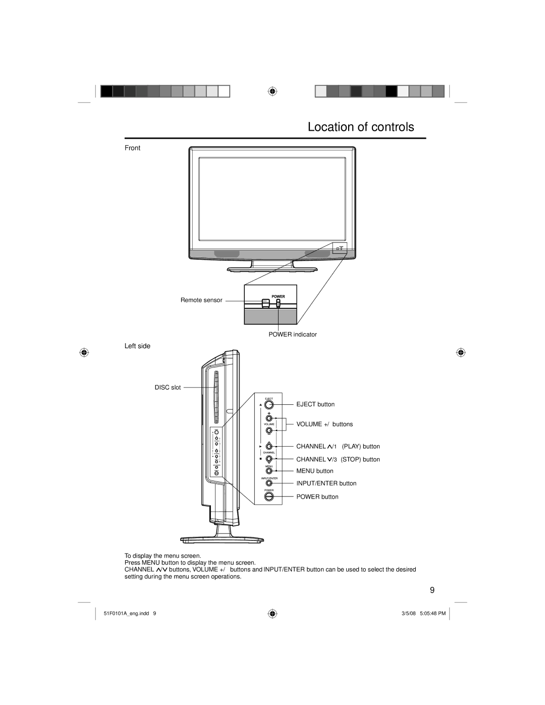 RCA L26HD32D, L32HD32D owner manual Location of controls, Front, Left side, Remote sensor Power indicator 