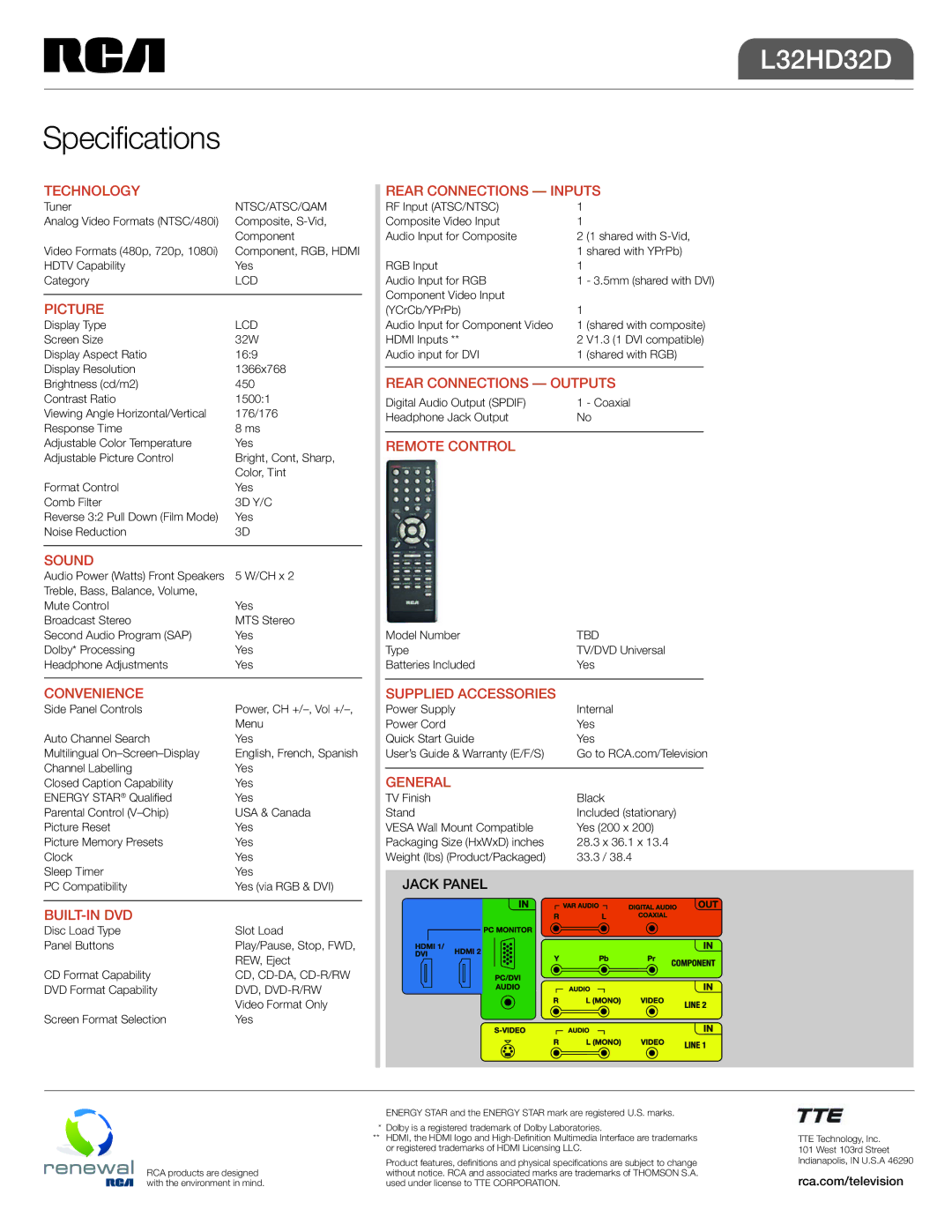 RCA L32HD32D Technology, Picture, Sound, Convenience, Built-In Dvd, Rear Connections Inputs, Rear Connections Outputs 