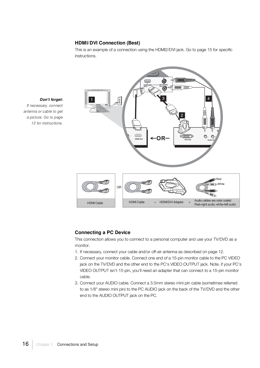 RCA L32HD33D, L26HD33D warranty HDMI/DVI Connection Best, Connecting a PC Device 