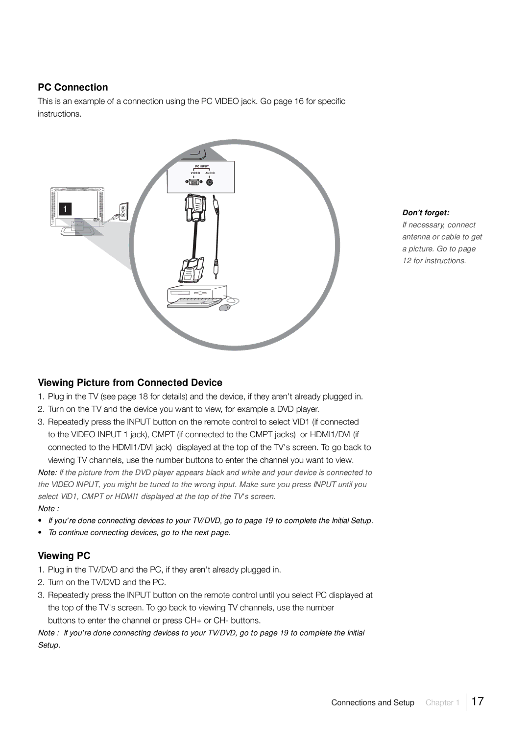 RCA L26HD33D, L32HD33D warranty PC Connection, Viewing Picture from Connected Device, Viewing PC 