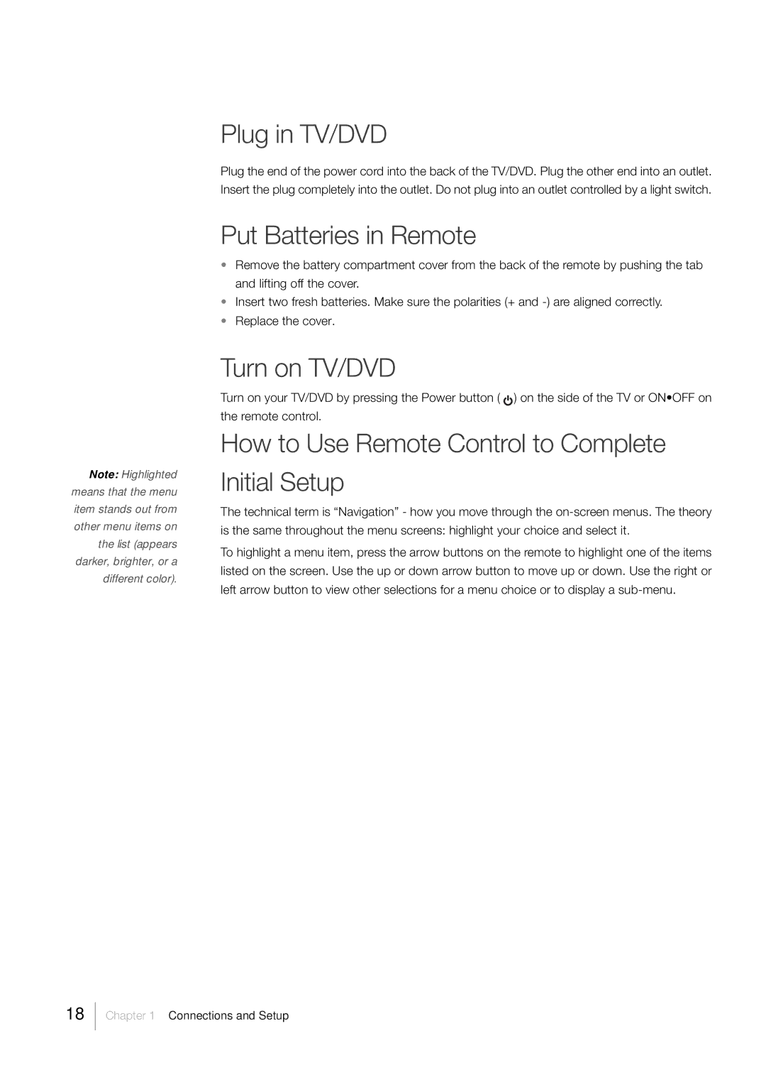 RCA L32HD33D Plug in TV/DVD, Put Batteries in Remote, Turn on TV/DVD, How to Use Remote Control to Complete Initial Setup 