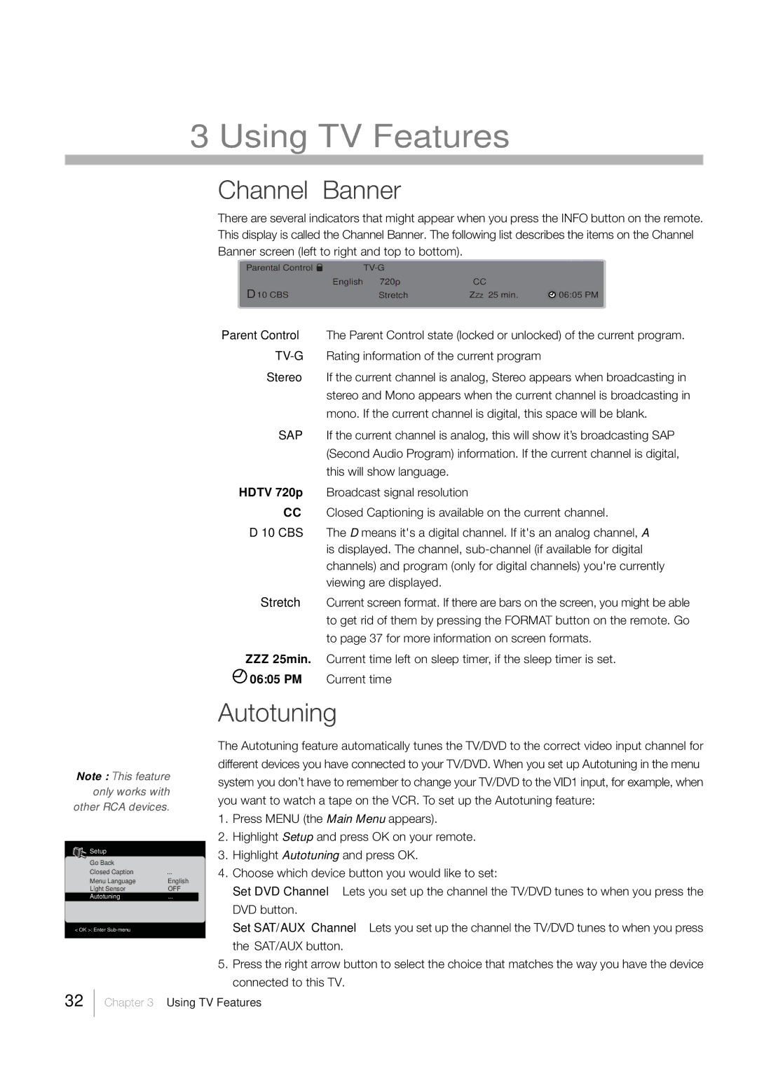 RCA L32HD33D, L26HD33D warranty Using TV Features, Channel Banner, Autotuning 