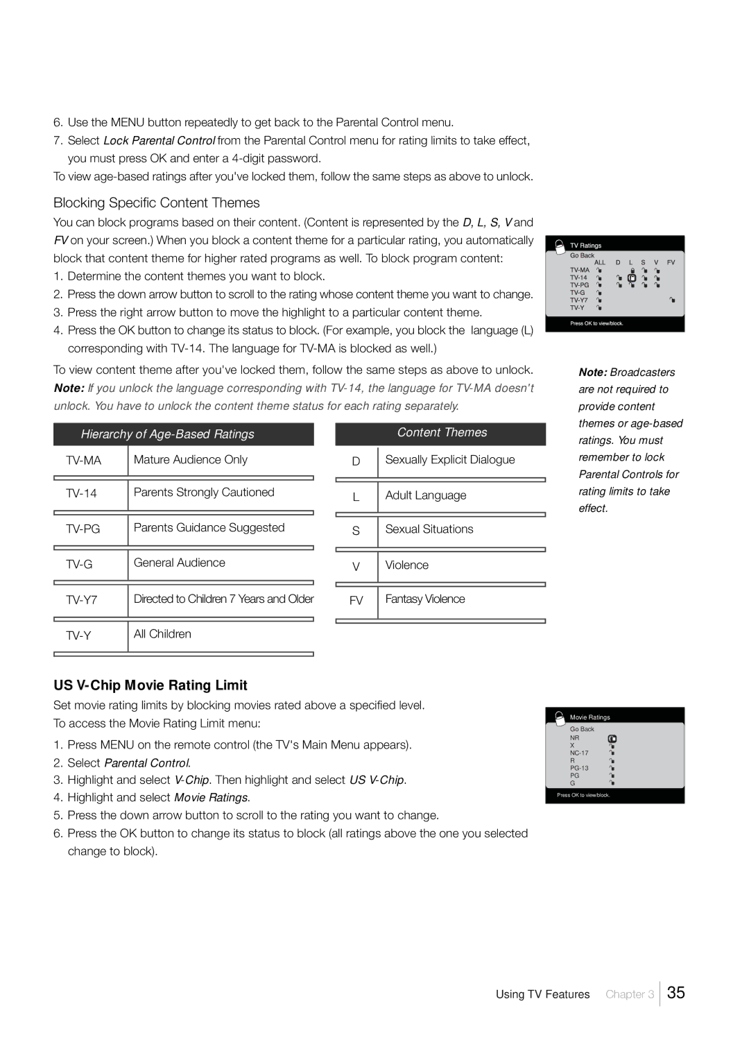 RCA L26HD33D, L32HD33D warranty Blocking Specific Content Themes, US V-Chip Movie Rating Limit 