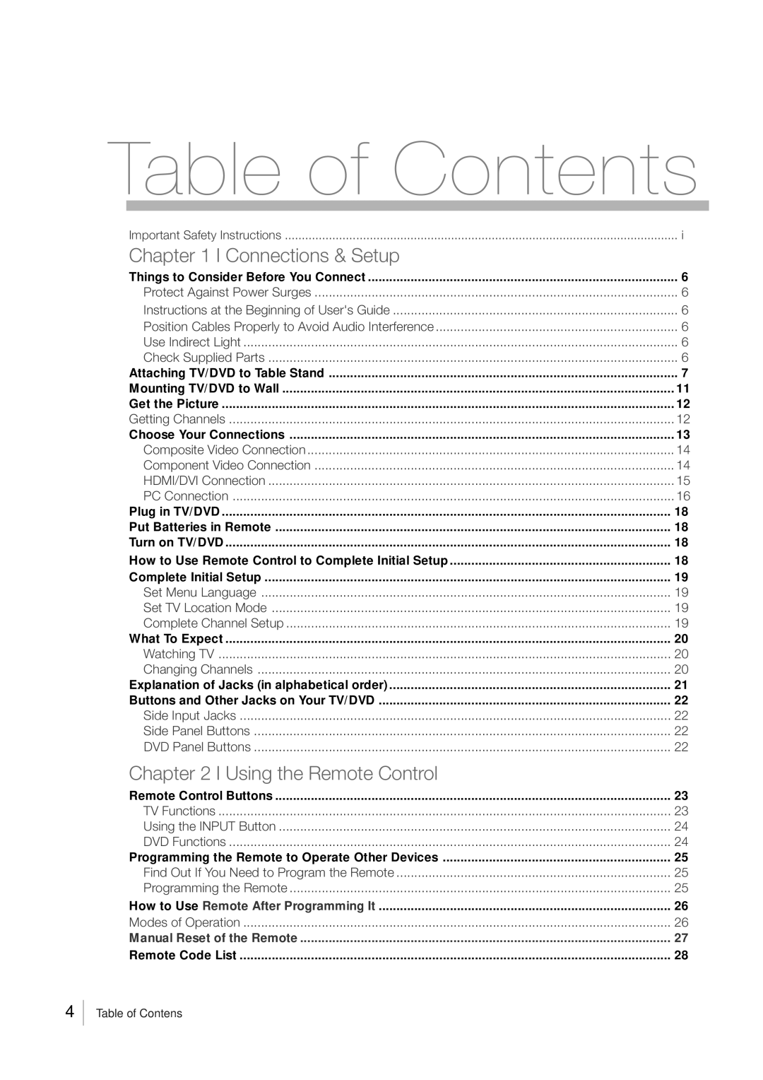 RCA L32HD33D, L26HD33D warranty Table of Contents 