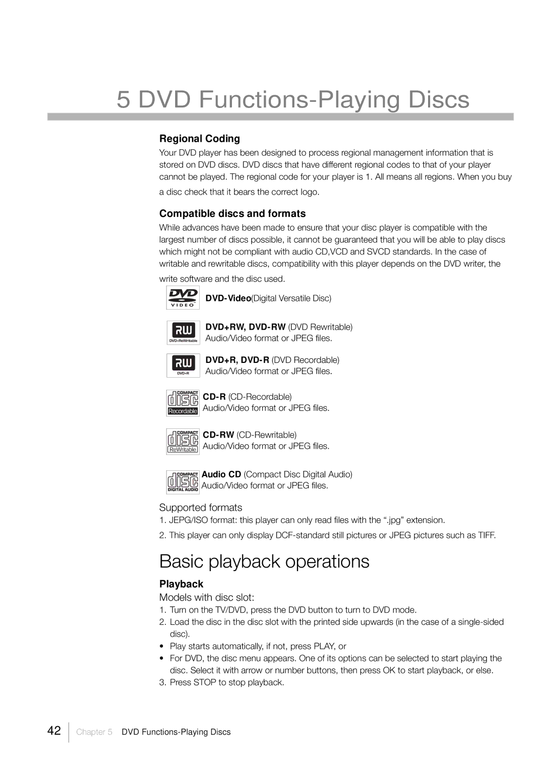 RCA L32HD33D, L26HD33D warranty DVD Functions-Playing Discs, Regional Coding, Compatible discs and formats, Playback 