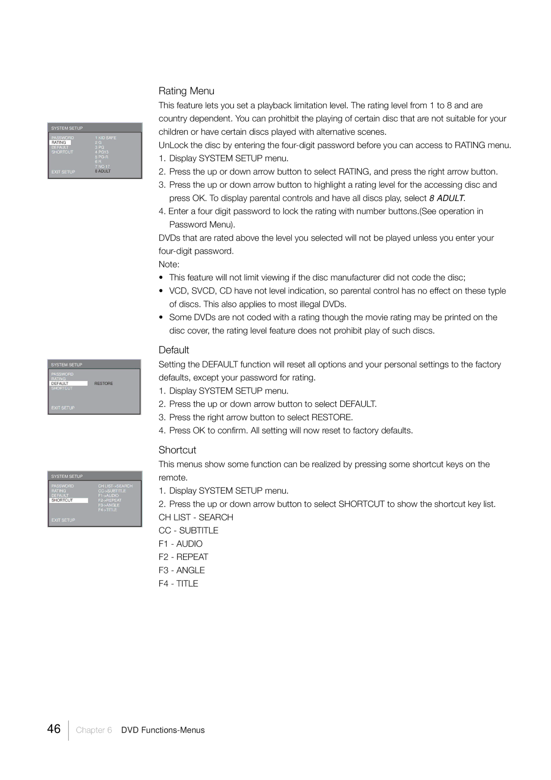 RCA L32HD33D, L26HD33D warranty Rating Menu, Default, Shortcut 