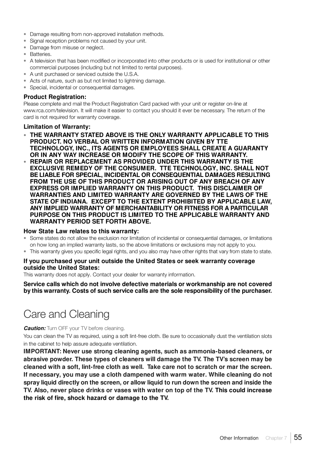 RCA L26HD33D Care and Cleaning, Product Registration Limitation of Warranty, How State Law relates to this warranty 