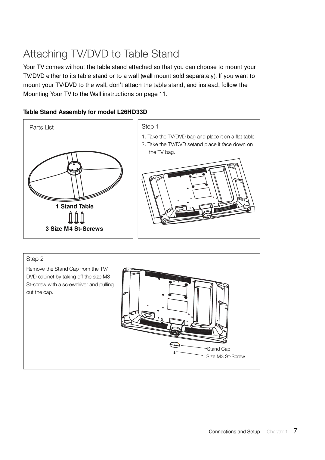 RCA L32HD33D warranty Attaching TV/DVD to Table Stand, Table Stand Assembly for model L26HD33D 