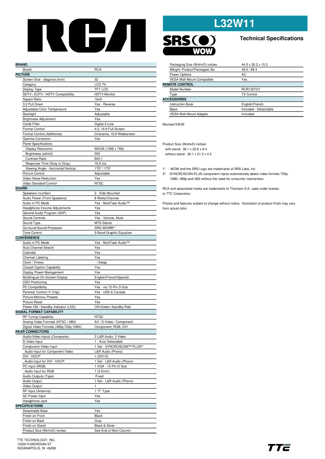 RCA L32W11 Brand, Picture, Sound, Convenience, Signal Format Capability, Rear Connectors, Specifications, Remote Control 