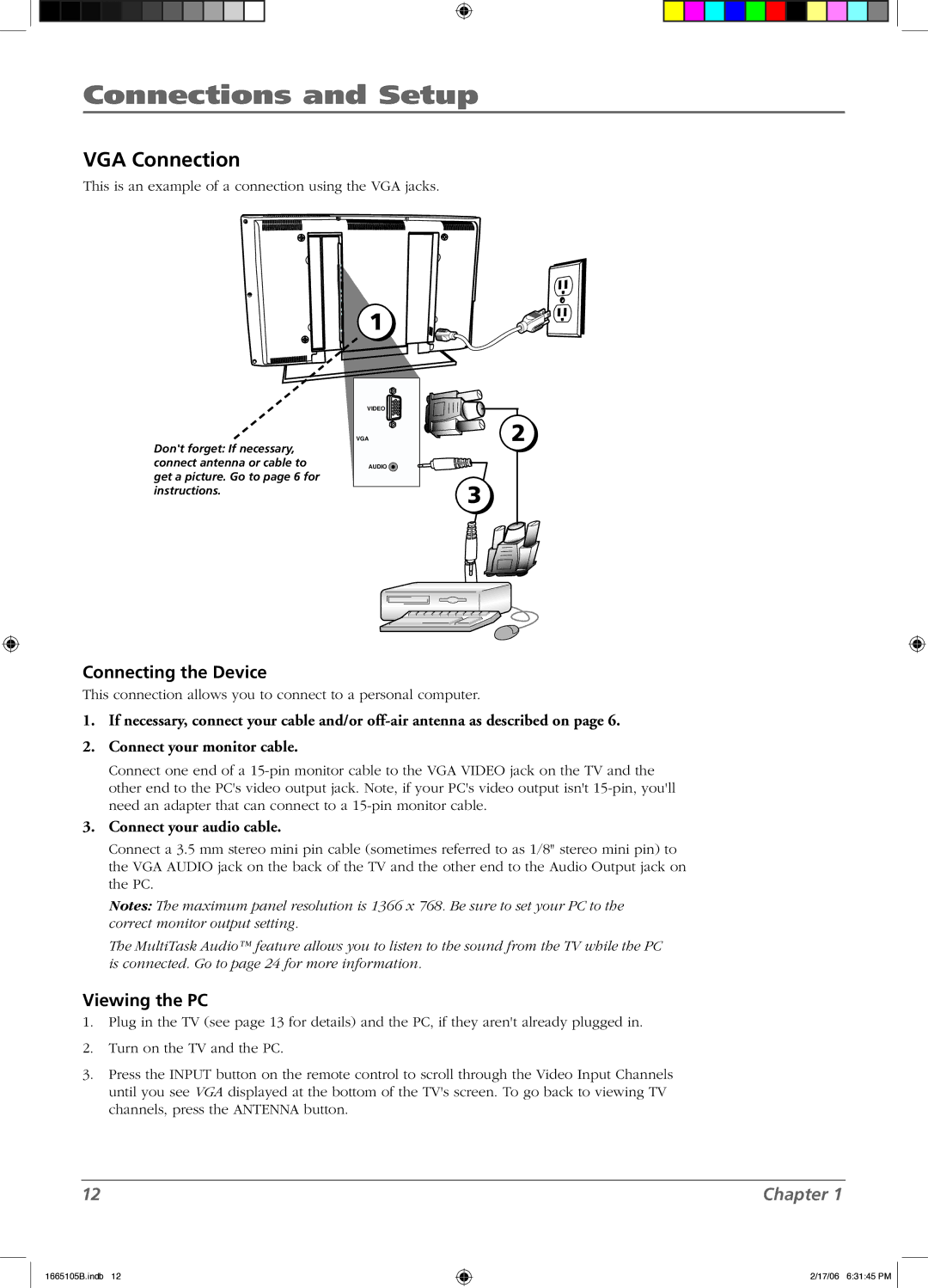 RCA L32WD12 manual VGA Connection, Viewing the PC 