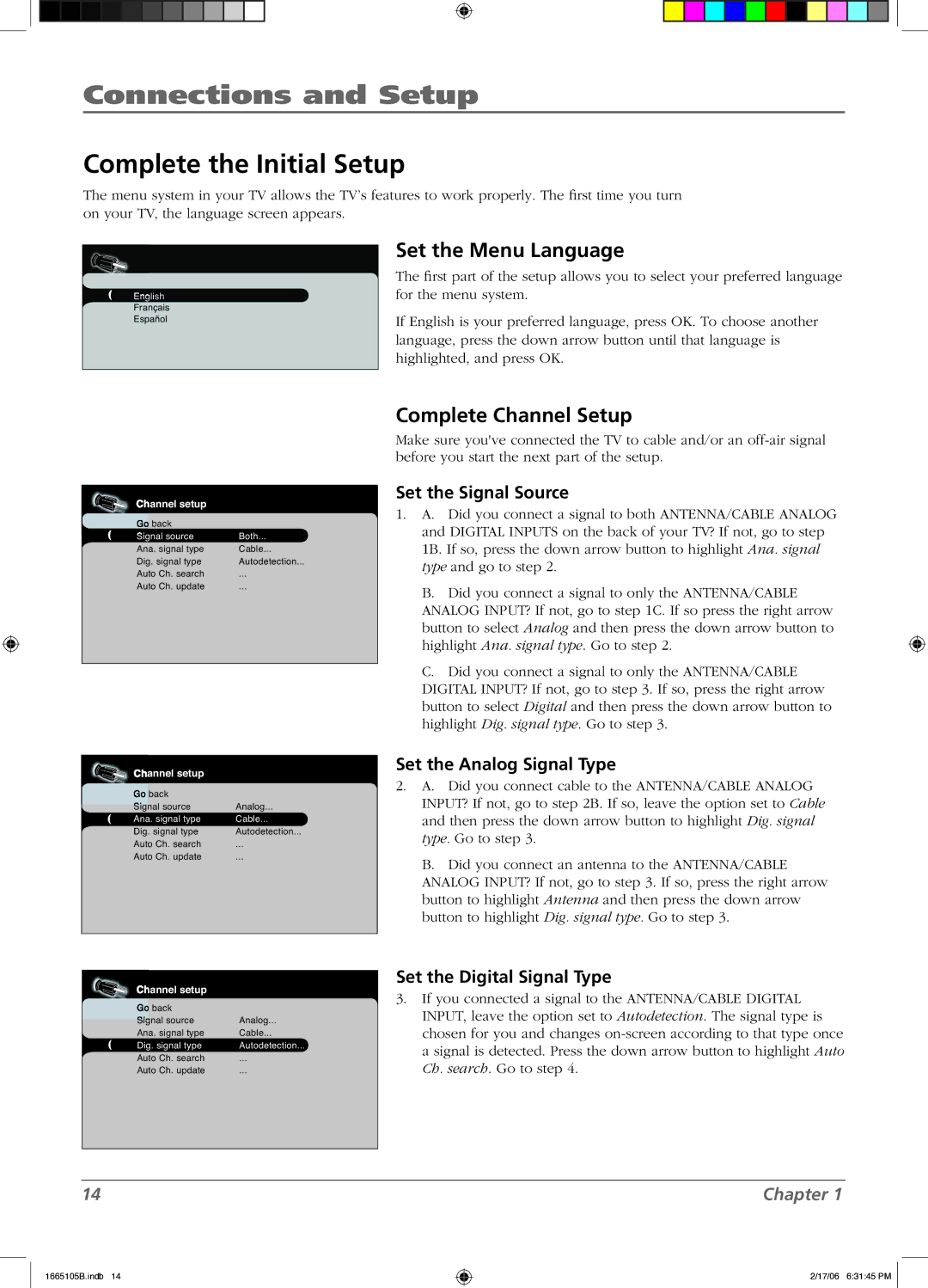 RCA L32WD12 manual Complete the Initial Setup, Set the Menu Language, Complete Channel Setup 