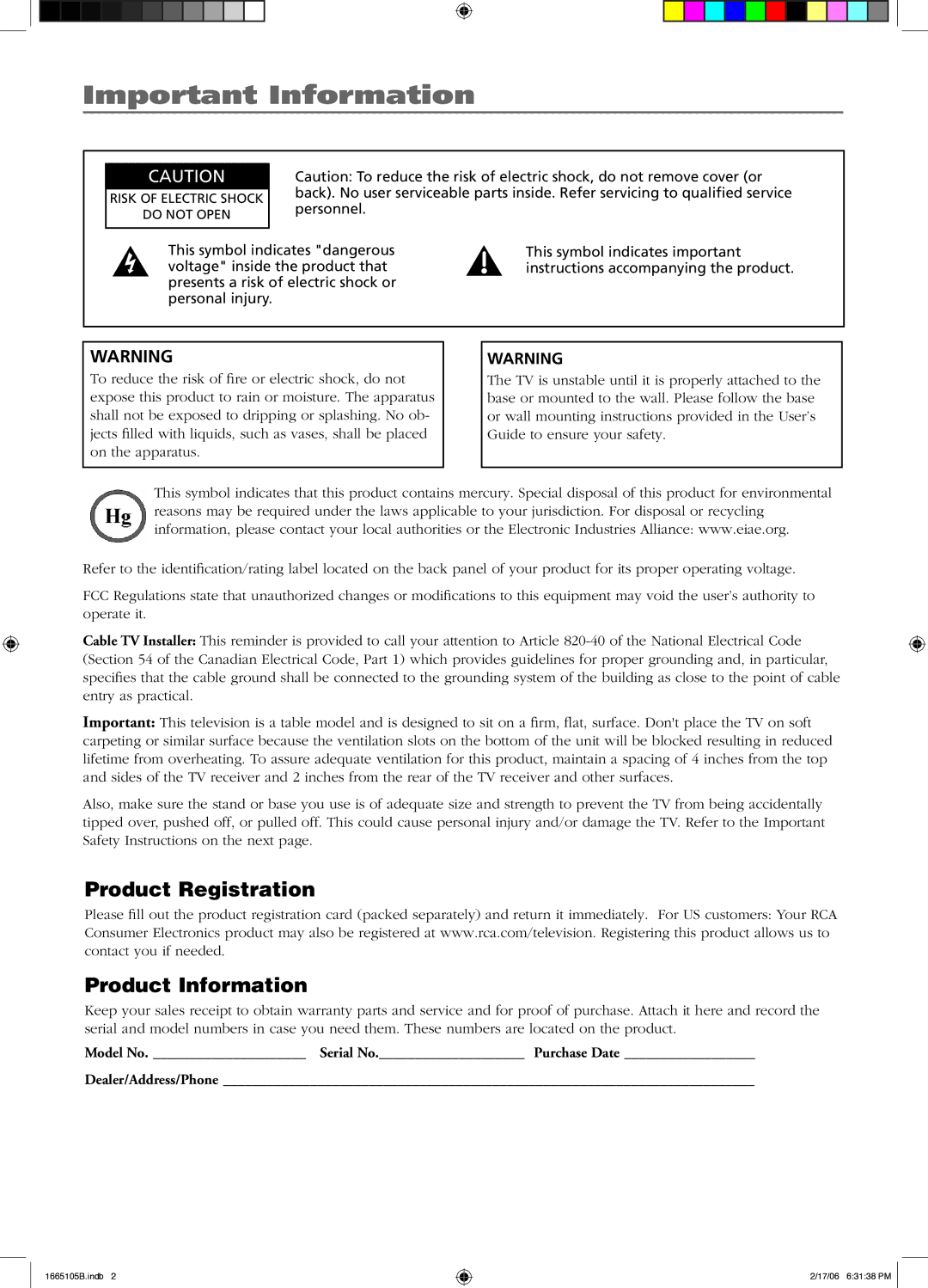 RCA L32WD12 manual Important Information, Product Registration Product Information 