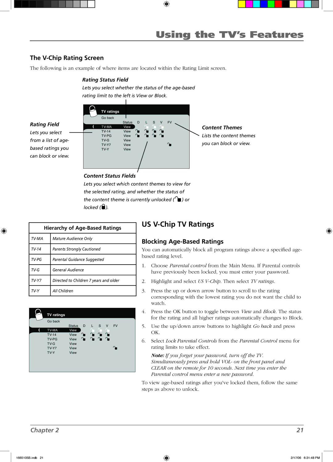 RCA L32WD12 manual US V-Chip TV Ratings, V-Chip Rating Screen, Blocking Age-Based Ratings, Hierarchy of Age-Based Ratings 