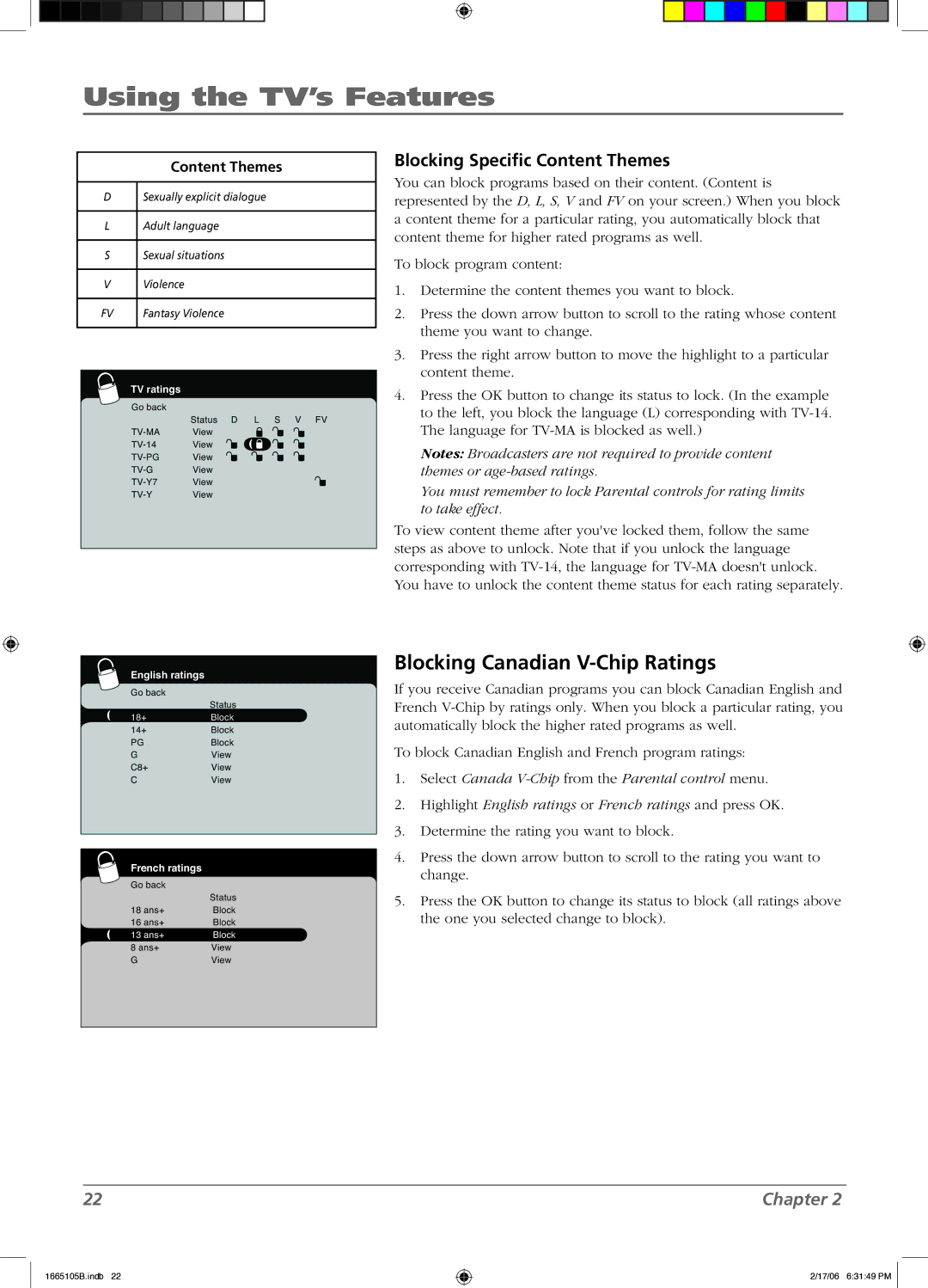 RCA L32WD12 manual Blocking Canadian V-Chip Ratings, Blocking Speciﬁc Content Themes 