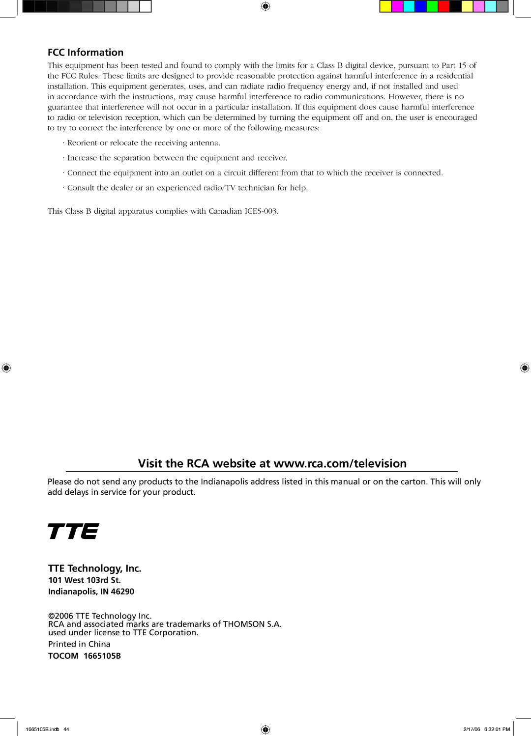 RCA L32WD12 manual FCC Information, TTE Technology, Inc, West 103rd St Indianapolis, Tocom 1665105B 