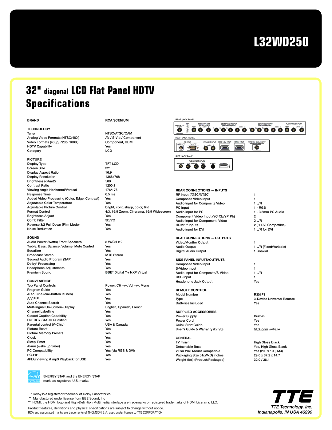 RCA L32WD250 Brand RCA Scenium Technology, Picture, Sound, Convenience, Rear Connections Outputs, Remote Control, General 